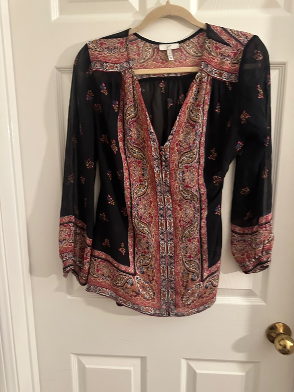 Joie Black Paisley-Trim Sheer Peasant Blouse